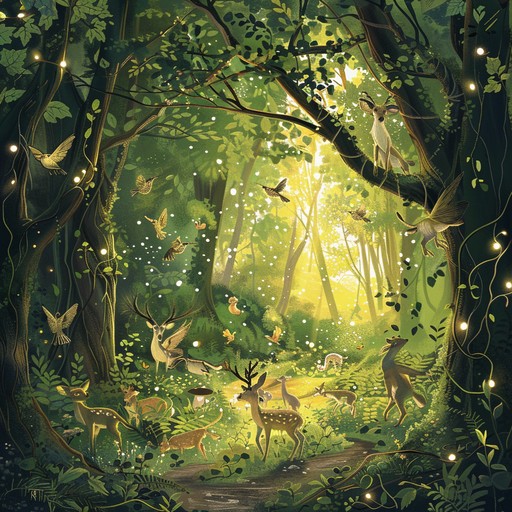 An uplifting melody that tells the story of mythical woodland creatures engaging in a joyful dance within an enchanting forest. The light hearted tune combines whimsical flutes and rhythmic elements to create a captivating and magical atmosphere.