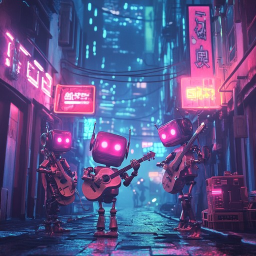 A lively instrumental blending playful melodies and cyberpunk aesthetics, featuring energetic synths and rhythmic beats that evoke a bustling neon lit cityscape.