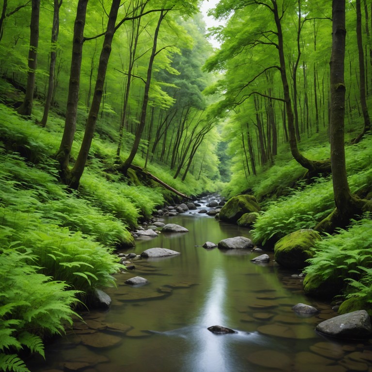 Embrace the soft strumming of a banjo as it intertwines with the natural sounds of a creek side at dawn, offering a tranquil escape into nature's embrace.