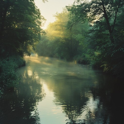 A serene track blending soft drum and bass rhythms with calming ambient sounds, ideal for relaxation and mindfulness, reflecting the tranquility of a morning by a calm river.