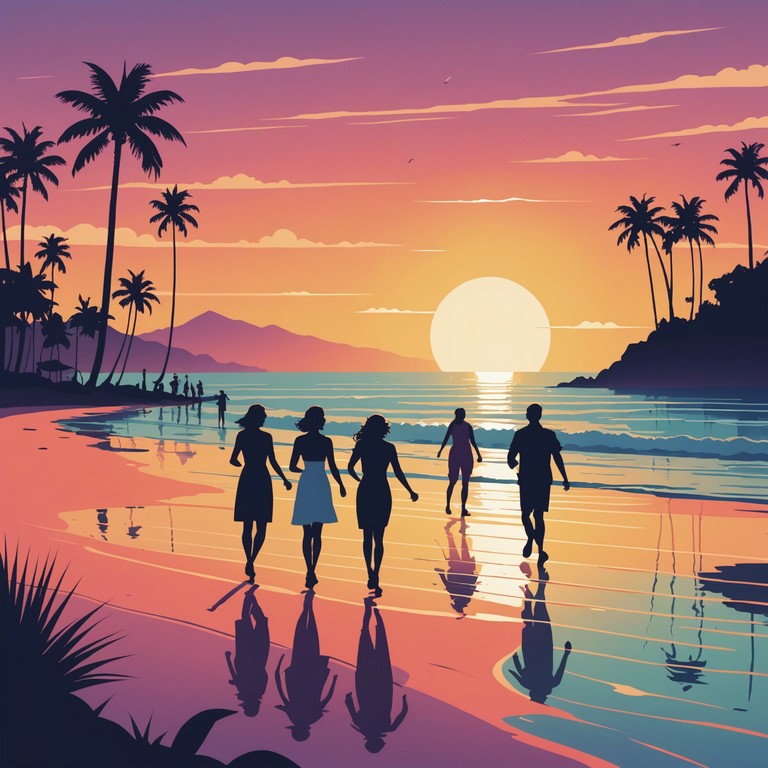 Imagine a musical piece that captures the essence of a joyous beach party at sunrise, blending playful rhythms with a carefree atmosphere. The track evokes feelings of happiness and companionship as it builds a soundscape reminiscent of warm sands and gentle morning waves.