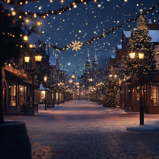 A jubilant musical tapestry featuring shimmering synth layers, rhythmic beats, and bell like tones. This instrumental piece captures the magic of a winter festival in a bustling town square. The bright electronic elements intertwine with traditional holiday sounds, creating an enchanting and modern festive atmosphere