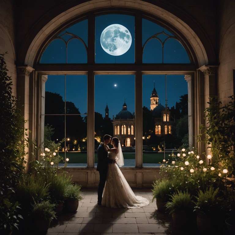 This alternative description focuses on the interaction between the masterful strokes of the violin and the visual beauty of moonlight reflecting on a timeless romantic evening.