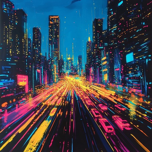 A pulsating synthwave track that captures the energy and allure of a neon lit metropolis at night, with driving beats and soaring synth melodies that evoke a sense of bold exploration and excitement.