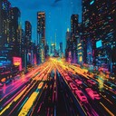 bold synthwave beats energizing neon lit city nightscape.