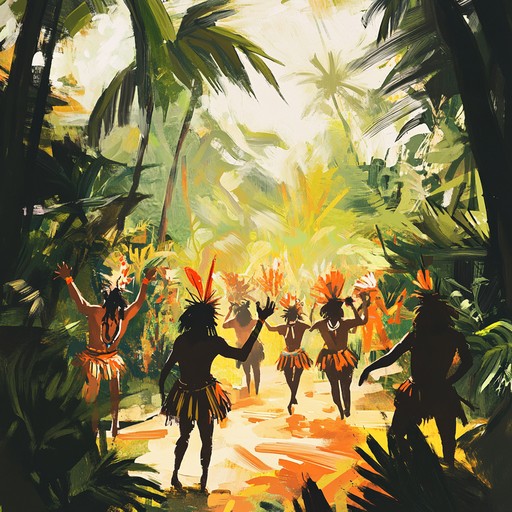 In the depths of a verdant jungle, an energetic celebration unfolds, fueled by the lively rhythms of tribal beats. The djembe's commanding presence unites the tribe in spirited dance, joy, and cultural expression.