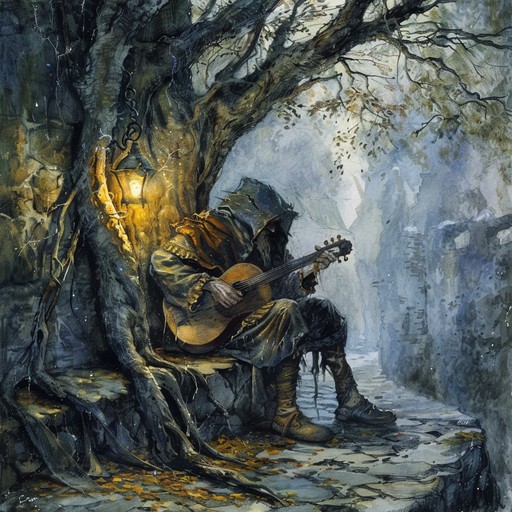 This instrumental piece tells the tale of a wandering minstrel, traveling through the countryside with his trusty banjo. The song begins with a slow, melancholic banjo melody, evoking a sense of loneliness and solitude. As the song progresses, the melody becomes more lively and whimsical, with the addition of a playful fiddle and a gentle tambourine. The interplay between the banjo and fiddle creates a sense of a musical conversation, as if the minstrel is sharing his stories and experiences through his music. Despite the lively moments, there is an underlying sense of melancholy throughout the piece, as if the minstrel is yearning for a place to call home. The song ends with a soft, contemplative banjo melody, leaving the listener with a sense of the minstrel's ongoing journey.