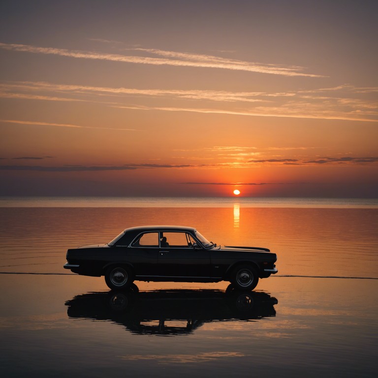 Imagine cruising along the coast as the sun sets, the city's skyline slowly lighting up. Soft beats mesh with the soothing sounds of synthesized melodies, creating a calming yet captivating soundscape, reminiscent of 80s synth pop. A deep bass line provides a gentle groove, perfect for a relaxed evening drive.