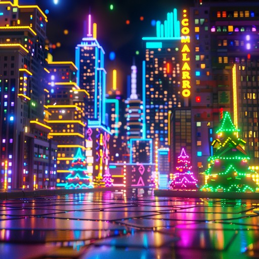 A stimulating cyberpunk melody that merges festive motifs with futuristic electronic sounds. The piece features a dynamic progression with energetic rhythms and neon infused synths, creating an exhilarating and celebratory atmosphere ideal for a high tech holiday setting.