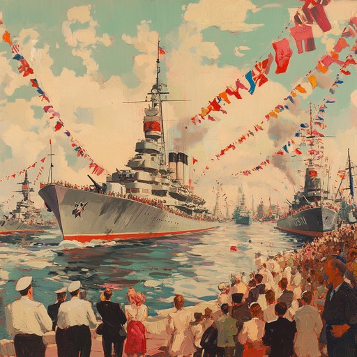 A jubilant orchestration celebrating the vibrant traditions and heroic valor of the russian navy, featuring sweeping symphonic strings, festive brass, and dynamic percussion, evoking images of grand naval parades and historic coastal festivities.