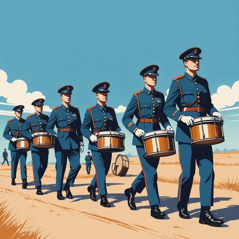 An instrumental track featuring strong military rhythms that encapsulate the spirit of a victorious army. The composition is driven by the stirring beats of a snare drum that echoes the footsteps of marching soldiers, designed to motivate and convey a sense of unyielding forward motion and camaraderie among troops.