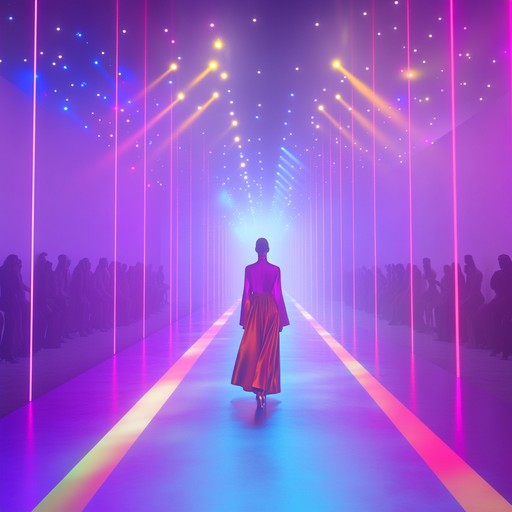 Capturing the essence and vibrance of a glamorous fashion show, this alternative version uses the same melodic structure but with a slightly faster tempo and more vibrant undertones that still align perfectly with the visual narrative of a runway under a starlit sky.