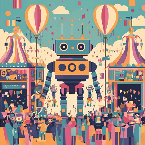 An upbeat instrumental blending robotic electronic sounds with festive carnival rhythms, creating a unique celebratory atmosphere with a weird twist