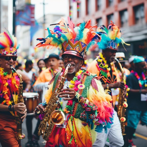 Picture a dynamic street celebration with musicians from across the globe. The fusion of steel drums, marimbas, accordions, and electric guitars creates a high energy, feel good atmosphere. The music bridges samba, calypso, and balkan brass, unified by a driving electro beat, embodying the spirit of unity and joy through sound.