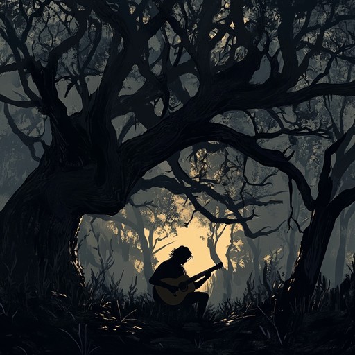 An instrumental piece blending dark folk elements to convey the sophistication and depth of hidden woodlands, using intricate guitar work and atmospheric layers to immerse the listener in a haunting forest journey at dusk