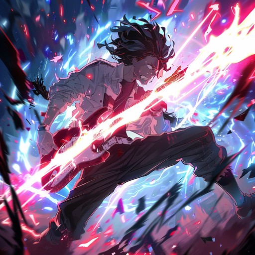 An adrenaline fueled instrumental anime track with powerful electric guitar riffs, high speed synthesized beats, and orchestral intensity. Perfect for action oriented shonen anime, featuring catchy hooks and dynamic rhythms to elevate the thrill of the scene.