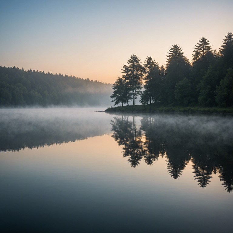 Visualize the gentle embrace of dawn over a pristine lake, highlighted by the delicate sounds of a harp that bring the scenery to life, inducing a state of calm and wonder with its soft and soothing melodies.