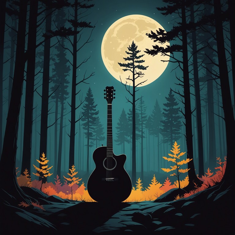 Imagine a scenario where hard rock merges with the liveliness of a forest, highlighted by the electric guitar creating intense yet playful melodies that imitate the natural sounds of chirping crickets at night, all building towards a rollicking good time infused with heavy rock riff traditions beside a captivation of natural whimsy.