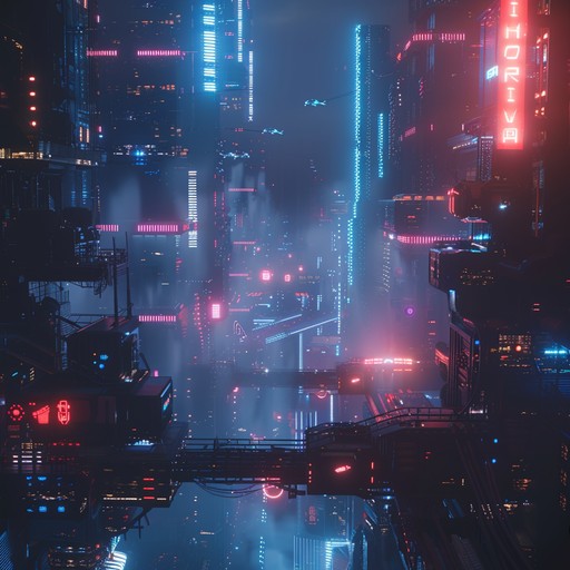 An atmospheric and unnerving track featuring deep bass hits, distorted synth lines, and futuristic sound effects that invoke a sense of dread in a cyberpunk setting.