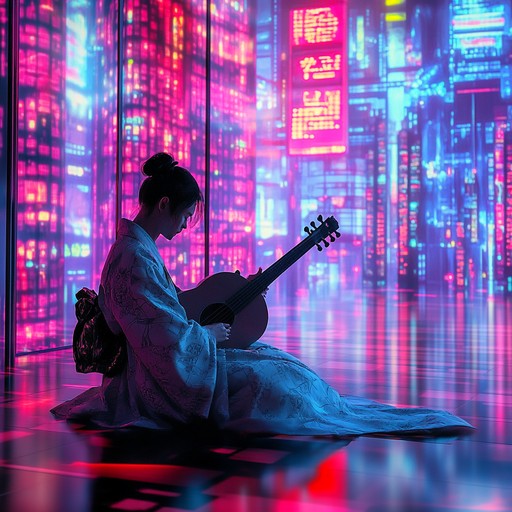 An instrumental track blending traditional shamisen melodies with electronic synthwave beats, taking listeners on an exciting journey through mysterious and awe inspiring realms.