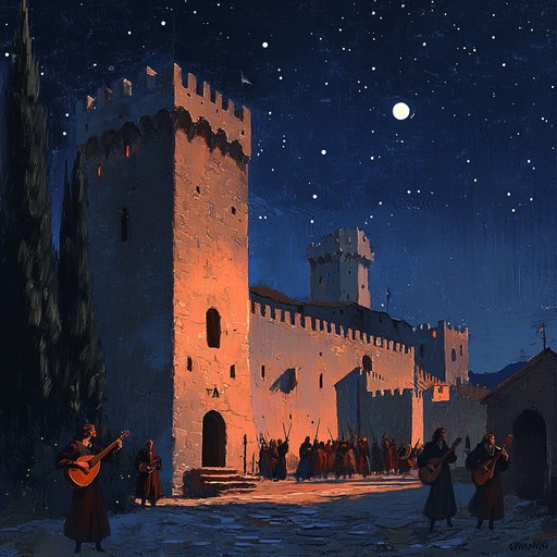 A vibrant instrumental tune rooted in medieval troubadour traditions, featuring a lively lute and hand percussion. It evokes the joy and festivity of celebrations in a grand castle, transporting listeners to a time of knights, royalty, and enchanting evening dances