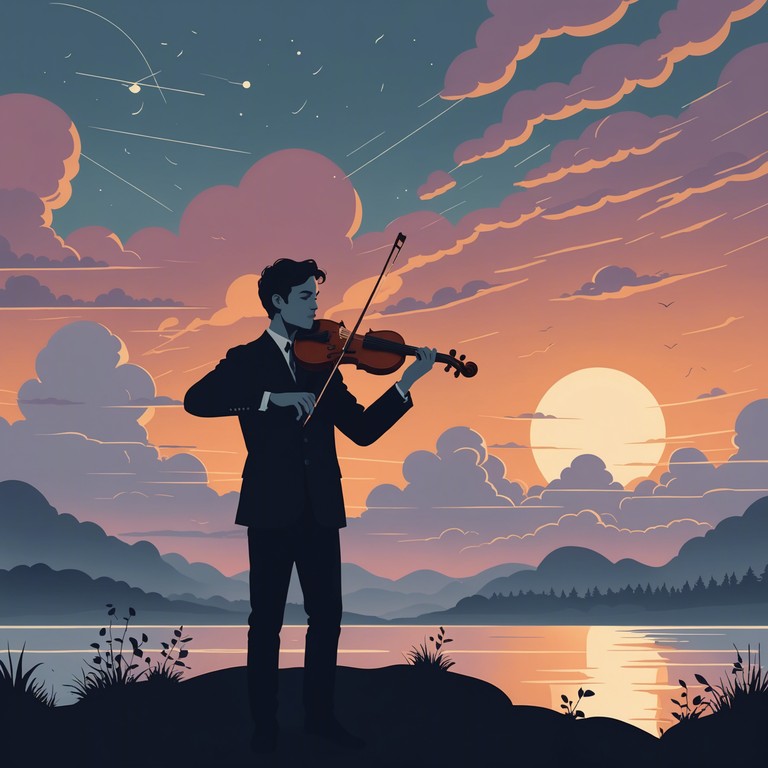 An orchestral piece dominated by violin, crafting a narrative of a relentless storm’s life cycle, from calm prelude through its powerful peak to the gentle tapering of the aftermath.