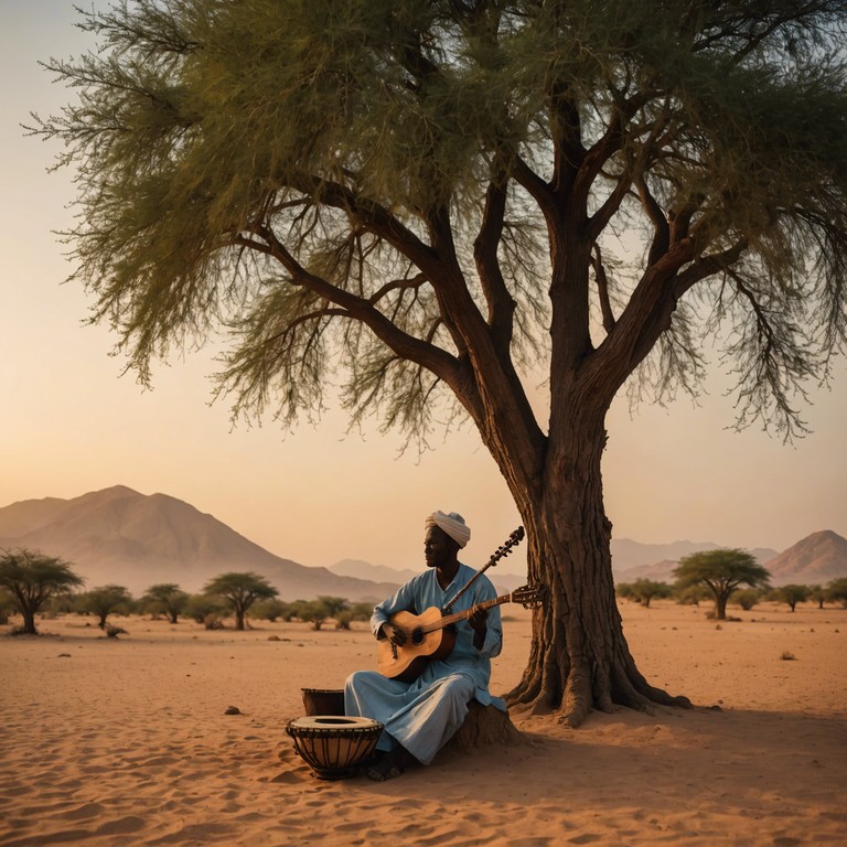 Imagine an afrobeat ensemble playing as the sun dips below vast golden dunes; this alternative description emphasizes the chilling effect of afrobeat rhythms as they vibrate across desert sands, integrating more deeply with ethno jazz elements to showcase the fusion of tradition and contemporary sounds.