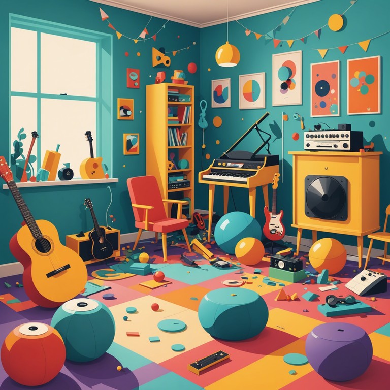 An upbeat, groovy track featuring playful melodies that mimic the sound of toys and whimsical apparatuses, creating a nostalgic yet lively atmosphere. Perfect for evoking playful and cheerful vibes with toy like instruments leading the sonic journey.