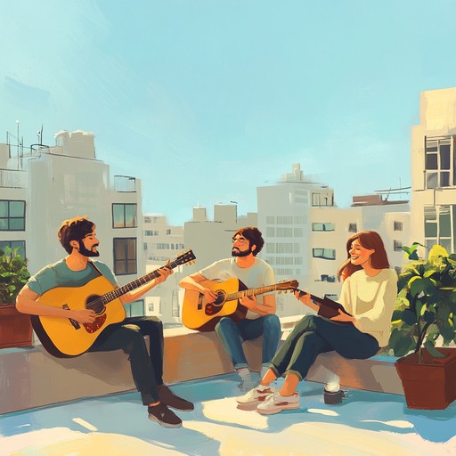 An energetic blend of vibrant guitar riffs, buoyant basslines, and driving drum patterns creating an uplifting, feel good atmosphere reminiscent of summer days spent on the rooftop with friends.