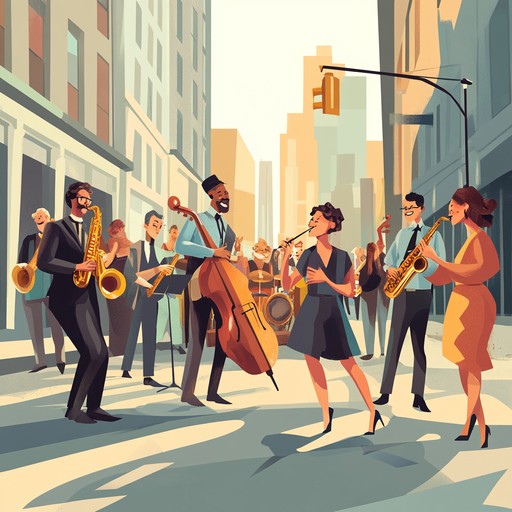 A dynamic jazz composition that embodies the vivacity of urban nightlife. The saxophone leads with playful melodies and captivating rhythms, bringing to life a street party atmosphere with dancing silhouettes and an effervescent ambiance.