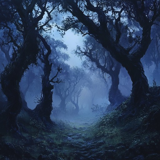 A creepy instrumental evoking twilight in a mysterious forest, with haunting dulcimer melodies and dissonant chords creating an atmosphere of suspense and unease, perfect for dark storytelling.