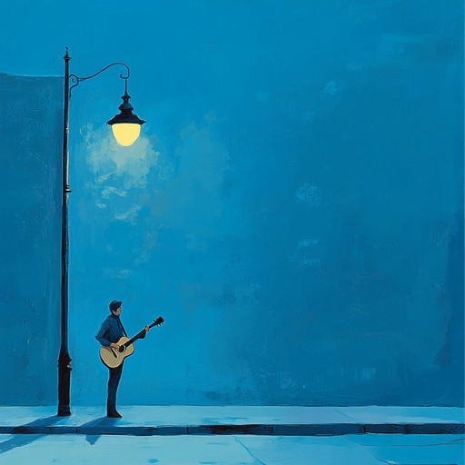 An instrumental piece driven by an evocative blues guitar, capturing the essence of longing, heartache, and a glimmer of hope. Picture a serene evening setting with a deep blue sky transitioning to twilight, where the intimate strumming of the guitar synchronizes with the fading light, creating a melancholic yet comforting atmosphere.