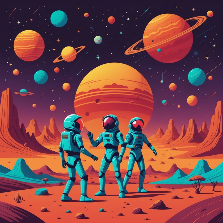 Imagine a scene where extraterrestrial beings throw a vibrant dance party on the red plains of mars. The music captures the essence of an otherworldly celebration, featuring bizarre rhythms and unearthly melodies that resonate with the cosmic setting. This track is as much an auditory journey as a science fiction story, bringing listeners into a fantastical universe where anything is possible.