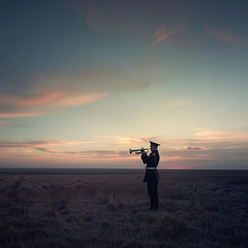 A reflective piece combines marching drums and a haunting trumpet to convey the bittersweet emotions of duty and sacrifice, set against the quiet approach of dusk. The somber tones capture pride and sorrow intricately intertwined within the military experience.