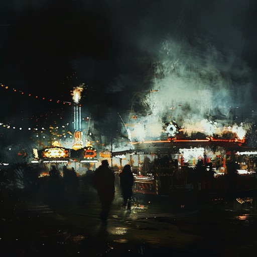 This track captures the essence of a gritty carnival at midnight, showcasing bustling crowds, flickering lights, and a touch of eeriness. The main instrument, a bustling accordion, plays melodious yet grungy tunes, accompanied by heavy percussive elements that enhance the carnival's chaotic atmosphere. The listener is taken through an emotional rollercoaster, experiencing the highs of thrill and the lows of a slightly sinister undercurrent.