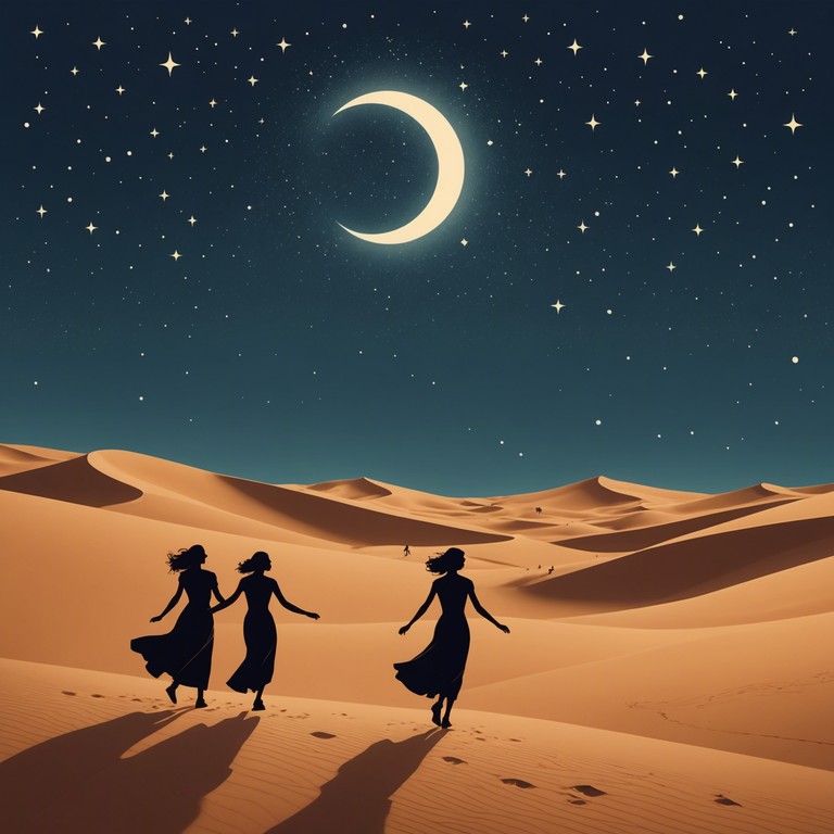 Imagine a scene deep in the heart of the middle eastern desert, under a breathtaking starry night. Here, dancers move rhythmically, creating a visual spectacle that complements the haunting yet whimsical sounds of a traditional oud. The music evokes images of silhouettes swaying with elegance and mystery, encapsulating the fusion of tradition and fantasy.