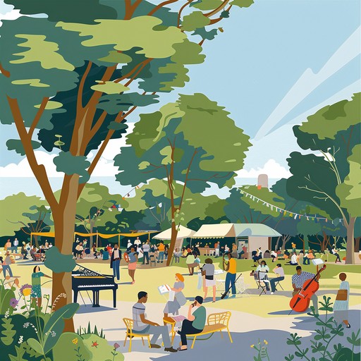 An upbeat, uplifting jazz piece perfect for a sunny day at the park, featuring upbeat piano melodies, vibrant trumpet tones, and rhythmic percussion that bring a sense of joy and community gathering. Ideal for evoking images of a lively outdoor jazz fest.