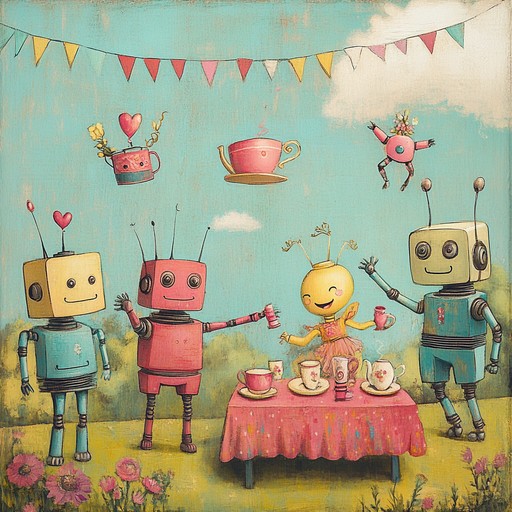 A lively instrumental combining upbeat techno beats with swing era brass and whimsical robotic effects, creating a playful atmosphere of robots at a tea party.