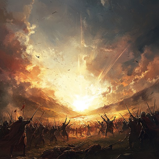 A powerful orchestral arrangement that exudes an aura of triumph, driven by emphatic strings and robust brass. The music crescendos towards an exhilarating peak, painting a narrative of heroic triumph over adversity on an epic battlefield.