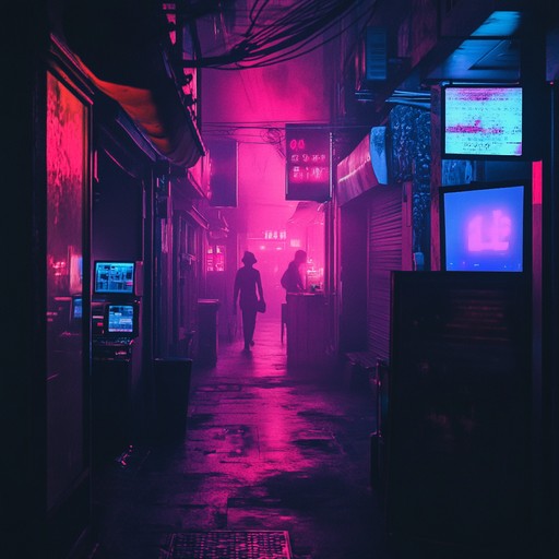 This track melds eerie synths with dark, pulsating beats, evoking the ominous alleyways of a cyberpunk cityscape. The soundscape is characterized by a blend of cold, mechanical elements and unsettling melodies, painting a picture of a world where technology and menace intertwine.