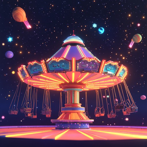 Embark on a whimsical, interstellar journey through a fantastical space carnival, characterized by playful organ melodies and futuristic synths, capturing the essence of childlike wonder and cosmic magic.