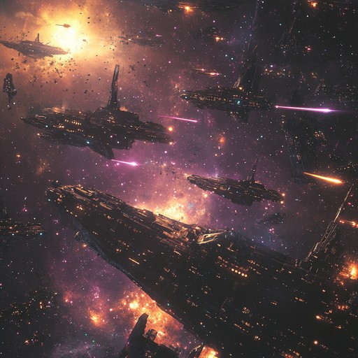 A sweeping, grandiose orchestral piece featuring powerful strings, triumphant brass, and thundering percussion. This instrumental composition takes the listener on a cinematic journey through epic galactic battles, the rise of heroes, and the fall of empires amidst the stars. The dynamic shifts between intense climaxes and serene interludes immerse the audience in an otherworldly sphere.