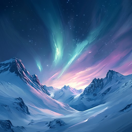 An ambient downtempo piece with ethereal synths and soft percussions, capturing serene arctic night skies illuminated by auroras.