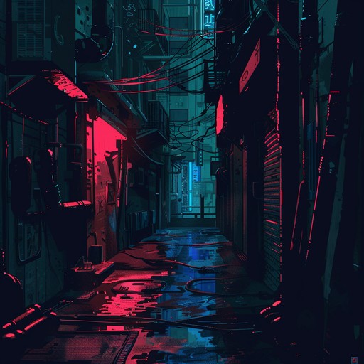 An atmospheric journey through a cyberpunk cityscape where shadows and neon lights create an unsettling aura. The pulsating, ominous beats, layered with haunting melodies and sinister synth bass, evoke a sense of impending doom, perfect for a nightmarish sci fi setting.