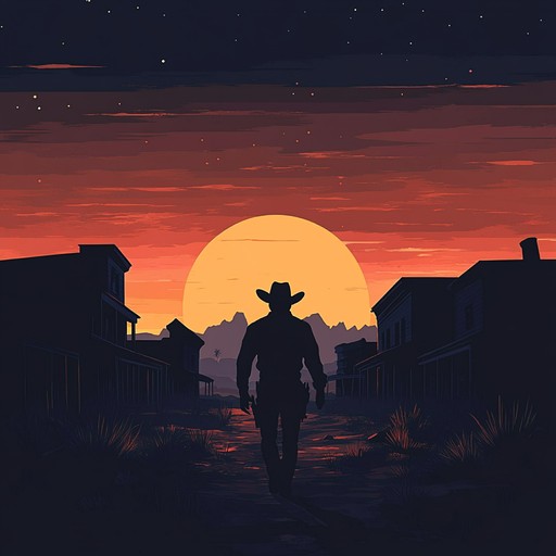 An instrumental piece combining classic western motifs with eerie, atmospheric elements, featuring slide guitar and ghostly background sounds to evoke the feeling of a haunted frontier town at dusk.