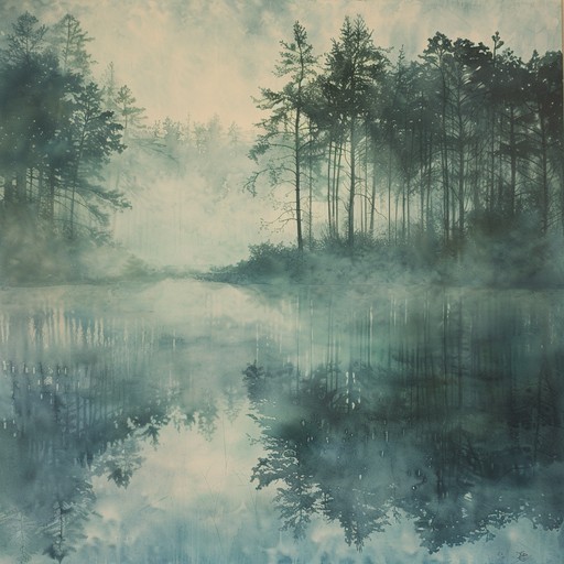 A peaceful scene unfolds in the heart of a misty forest, where a crystal-clear pond reflects the surrounding trees, creating an enchanting mirror of nature's tranquility. The gentle ripples on the water's surface create a mesmerizing display of light and shadow, while the soft sounds of birdsong and rustling leaves add to the ethereal atmosphere.