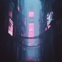 futuristic synth pulses driving through neon lit cityscape