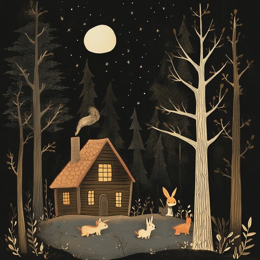 Experience a whimsical bedtime tune where mystical forest creatures blend soft, playful sounds with nature's night whispers, creating a perfect lullaby for dreamland