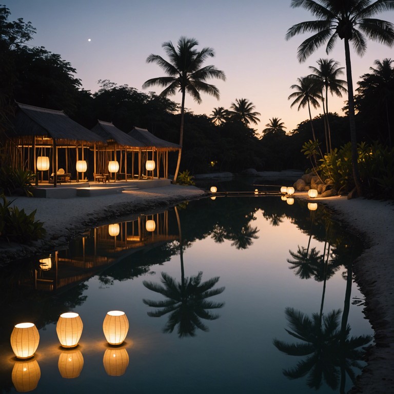 Relax by a hidden lagoon as soothing tropical melodies create an intimate atmosphere for reflection under a canopy of stars. The gentle plucking of marimba strings sets a tranquil mood, harmonizing with the whisper of palm leaves.