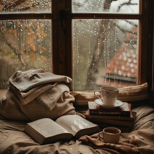 Gentle piano chords and soft lofi beats create a soothing soundtrack for introspective moments, evoking memories of quiet, rainy days. Ideal background music for studying or relaxing.